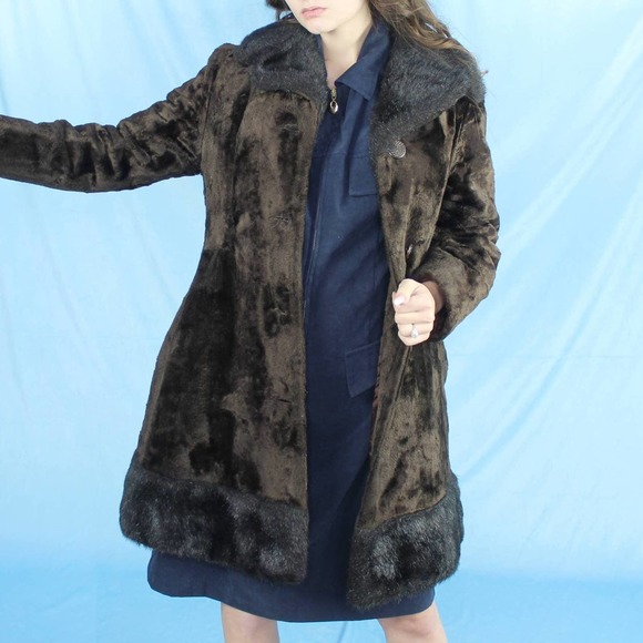 Vintage 70s Faux Fur Coat Groovy Black and Brown Fuzzy Jacket - Picture 2 of 8